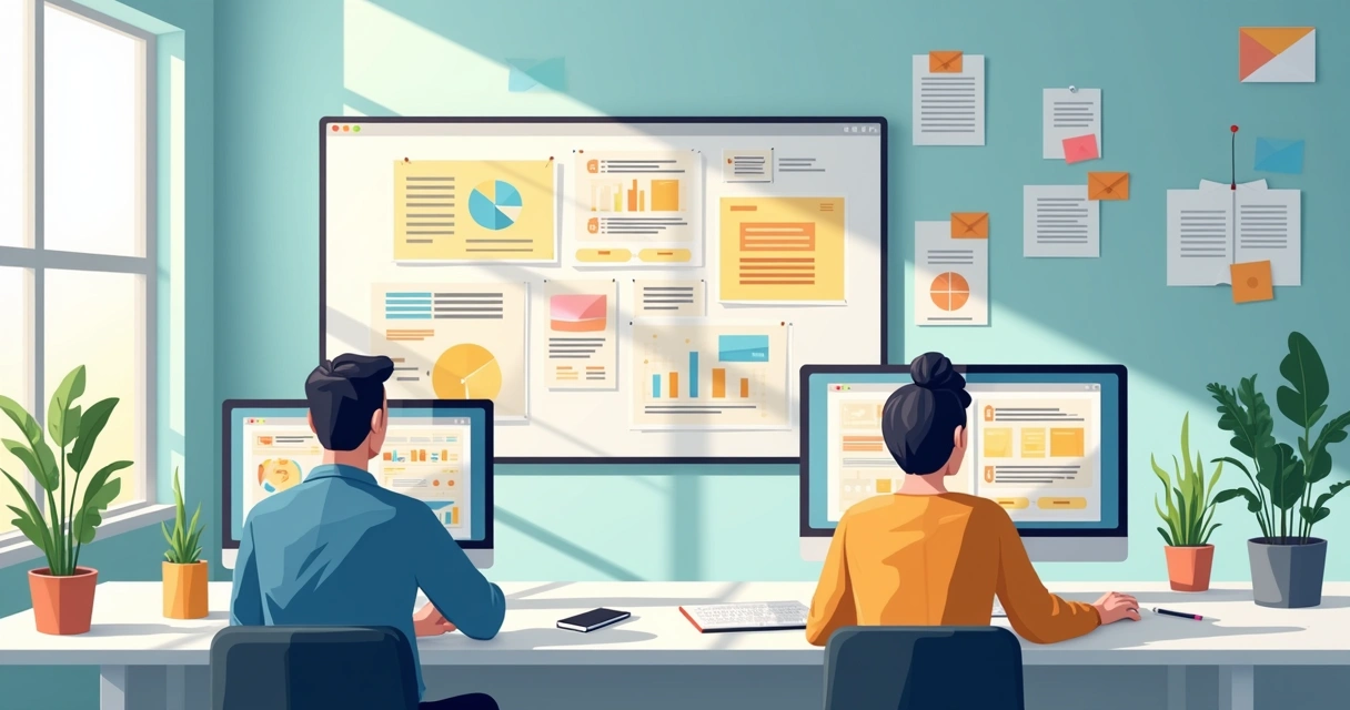 Duas pessoas interagindo em um quadro visual colorido com textos, imagens e vídeos interativos. 