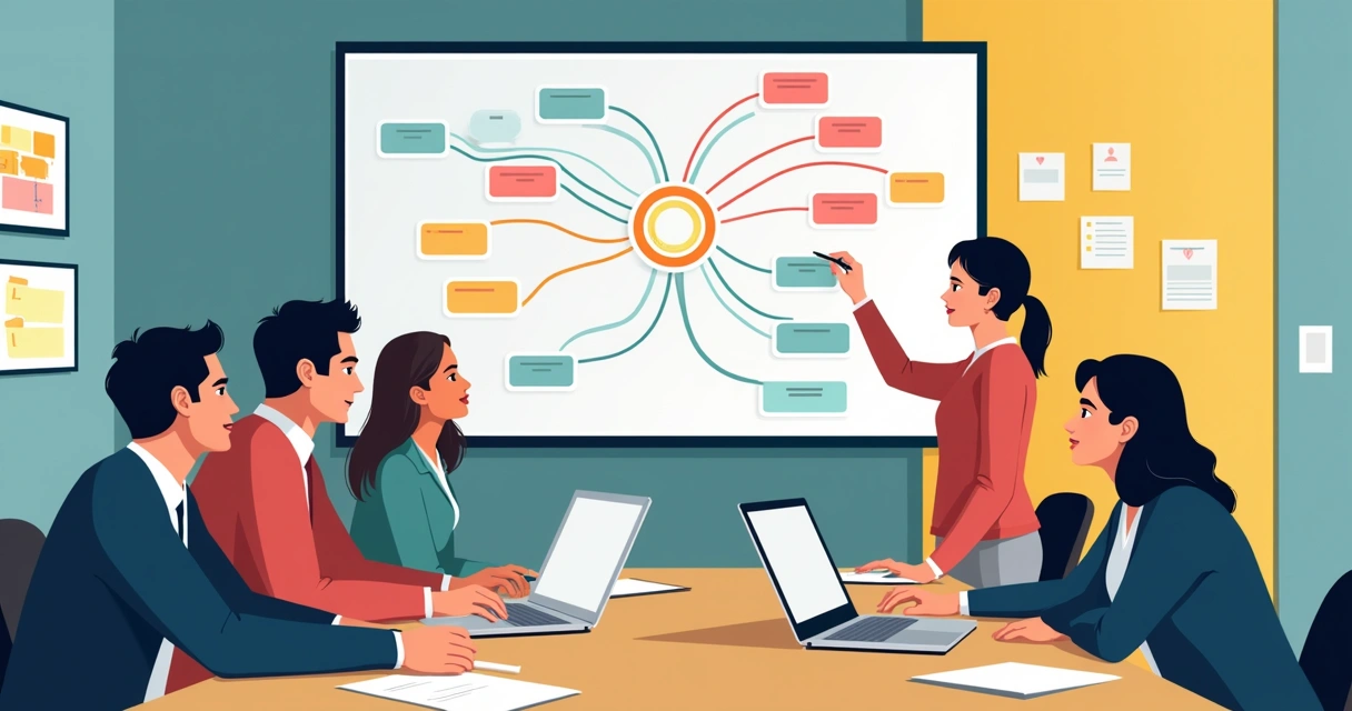 Equipe trabalhando em um mapa visual colaborativo em tela grande