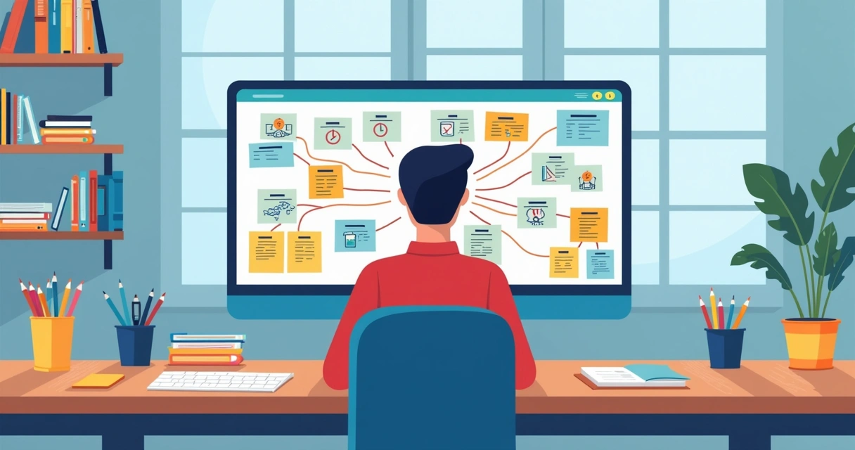 Pessoa estudando para concurso com mapas mentais digitais visíveis no monitor