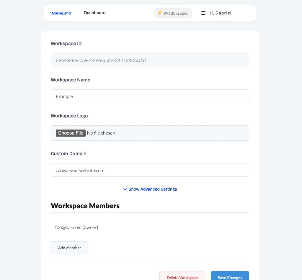 Workspace settings with custom CNAME